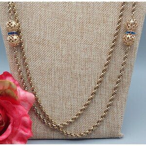 Long Gold Tone Pull Over Thick Twisted Chain Necklace Filigree Ball Blue Crystal